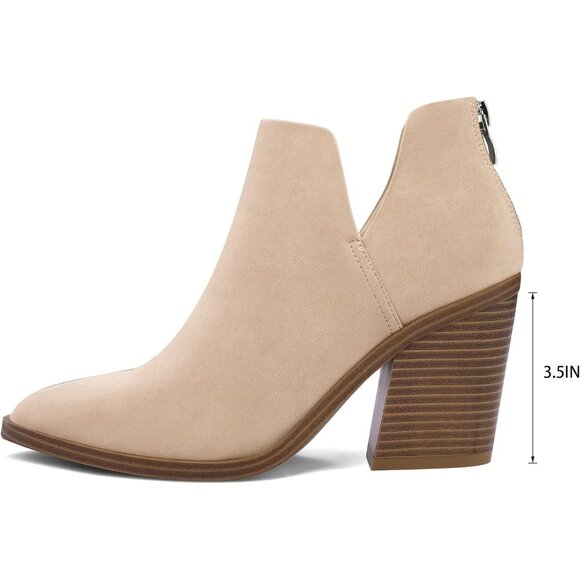 Mysoft Women's Tan Chunky Mid Heel Slip on Pointed Toe Stacked Ankle Boots - Picture 6 of 7